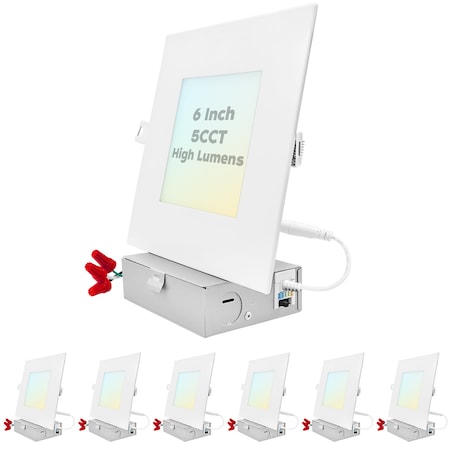 Luxrite 6" Square Ultra Thin LED Recessed Downlights 5 CCT Selectable 2700K-5000K 15W 1400LM Dimmable 6-Pack LR23747-6PK